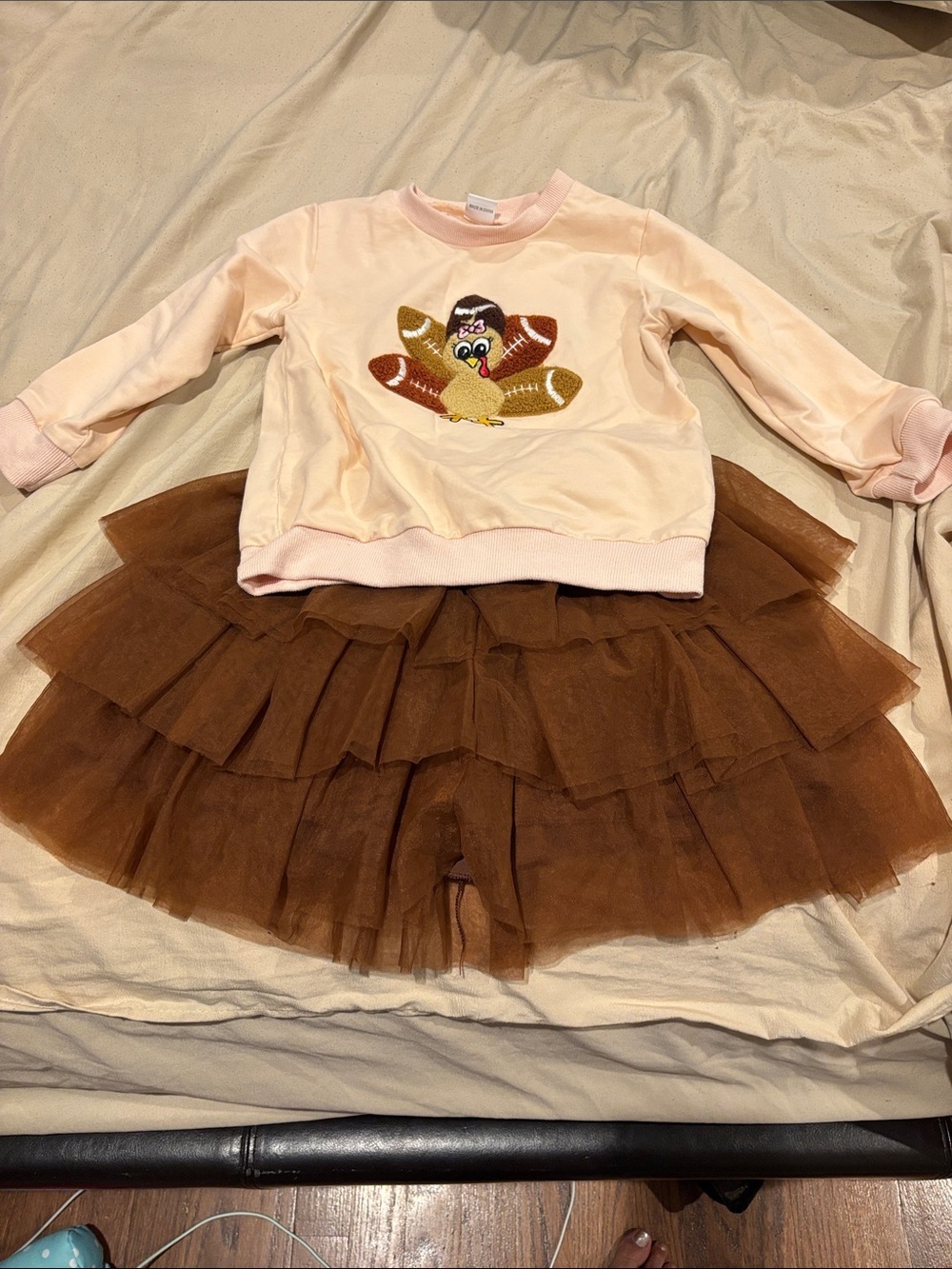 Girls Pink Turkey Sweatshirt & Brown Tulle Skirt Set